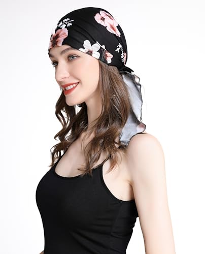 ZLYC Chemo Headwear Pre Tied Head Scarf Headwraps Lightweight Turban Beanie Cap for Women - color: Floral Black