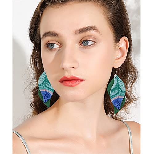 ANXIN boho unique Leather Earrings 2 Layered Lightweight Faux Leather Leaf Earrings Layered Design Drop Earrings Gift for Women - color: GREEN Faux Leather Leaf Earrings