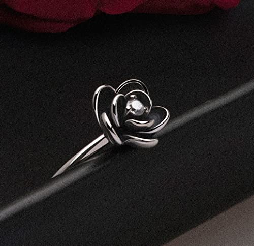 Vintage Silver Rings 925 Sterling Silver CZ Crystal Diamond Rose Flower Wedding Rings for Women (7) - size: 7