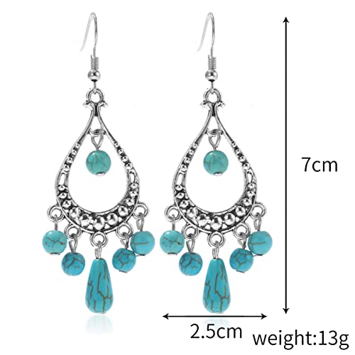 coadipress Bohemian Turquoise Beaded Tassel Earring for Women Ethnic Chandelier Boho Beads Earrings Hollow Out Turquoises Beaded Statement Earrings Ethnic Style Jewelry Gifts - color: Turquoise Beaded Tassel