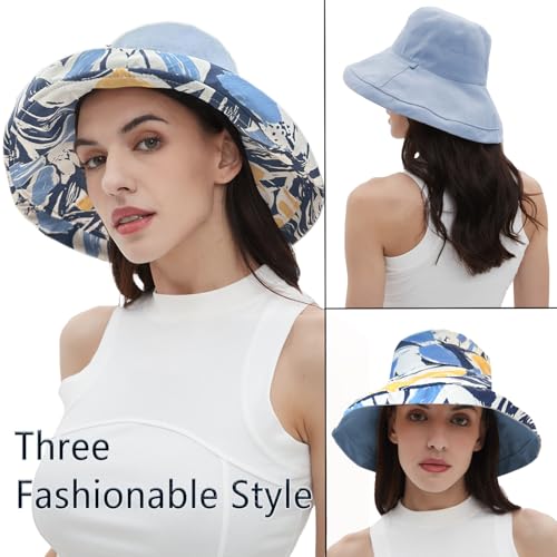 vidsel Womens Sun Hats Wide Brim Reversible Bucket Cotton Hat Packable Summer Travel Cap with Hat Clip,UV Protection - color: Blue2, size: Medium