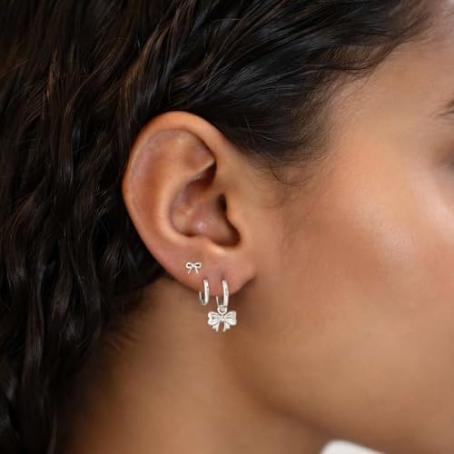 3 Pairs Small Earring Stacks, 14K Gold/Silver/Black/Rose Gold Plated Pearl Heart Butterfly Star Diamond Charm Drop Huggie Earrings Trendy Jewelry Gift for Women - color: Silver-Bow