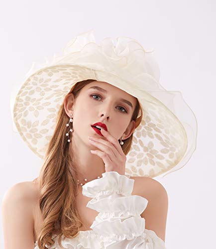 ORIDOOR Women’s Organza Church Tea Party Wedding Fascinator Derby Hat Wide Brim Sun Hats - color: A-beige