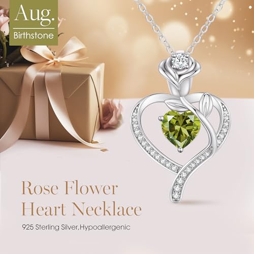 LOUISA SECRET Rose Flower Heart Birthstone Necklaces for Women, 925 Sterling Silver Jewelry, Pendant Heart Necklaces Birthday Anniversary Christmas Gift for Women Wife Mom Girlfriend Lady - color: White Gold-08-Aug