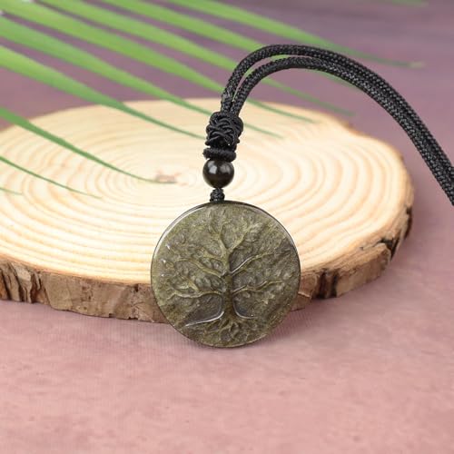 Obsidian Tree of Life Necklaces Orgonite Healing Crystal Stone Pendant Necklace for Spiritual Healing and Meditation Energy Talisman Sacred for Men Women - color: Gold Sheen Obsidian 1