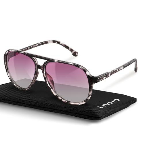 livho Trendy Polarized Aviator Sunglasses Women Men, Retro Sun Glasses for Women Men 2025, Oversized UV Protection Shades - color: Light Black Tortoise/Purple