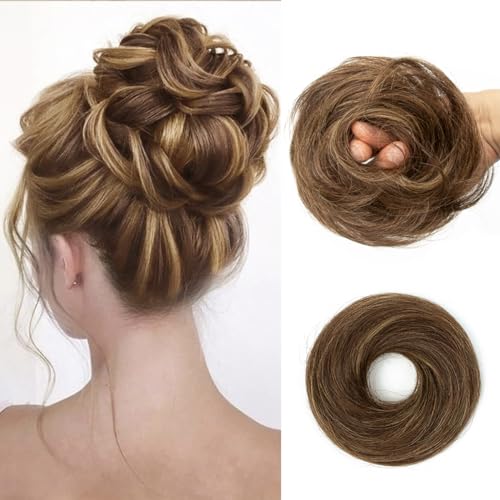 Messy Bun Hair Piece, 100% Real Human Hair Extensions, Soft Fluffy Elastic Scrunchie, 30s Easy Updo for Women & Kids, Ideal for Daily Wear, Ballet, Dance & Office Use (Highlight Brown) - color: Brown Highlights Honey, size: 4 Inch