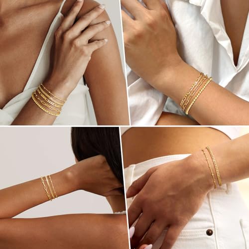 adoyi Gold Bracelets for Women, 14K Gold Plated Stackable Bracelet Stack Set Adjustable Charm Paperclip Chain Cuban Link Layered Waterproof Jewelry Sets Gifts for Womens - color: Gold 6.0 IN Small Wrist