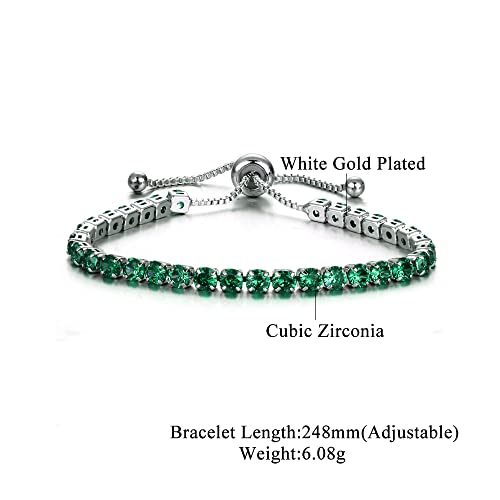 CiNily Adjustable Tennis Bracelets for Women Teen Girls Rainbow Cubic Zirconia Bracelet 14K White Gold Plated Hypoallergenic Slider Bracelet Jewelry Gift - color: Adjustable bracelet-green