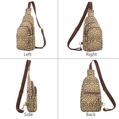 SILKAREA Canvas Sling Bag for Wome Crossbody Purse Small Sling Backpack Purse Travel Hiking Chest Bag Daypack - color: Brown Leopard