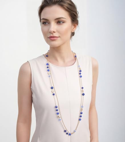 FULU AUTUMN Boho Gold Long Necklaces for Women Natural Stone Beaded Layered Long Necklace Mothers Day Gifts Dainty Flower Costume Jewelry for Women - color: Sapphire