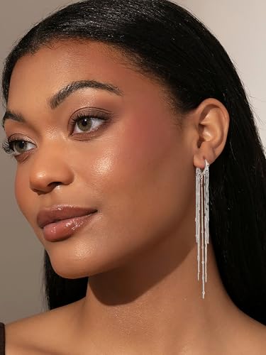 Robaice Gold Long Prom Earrings for Women, 14K Gold Plated Pearl Dangle Drop and Chain Tassel Threader Earrings Dangling，Rhinestone Zirconia Hypoallergenic Bride Party Prom Gold jewelry，Women Gifts - style: B-dangle tassel chains, silver