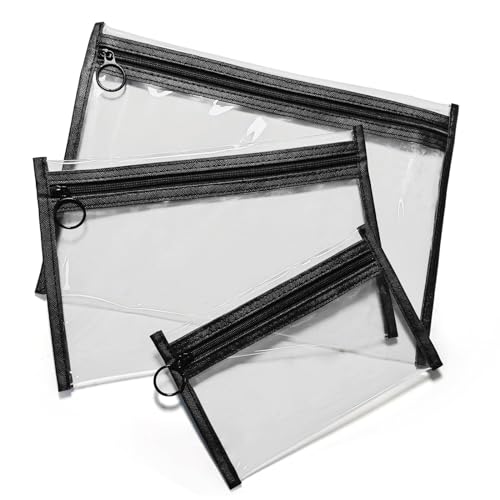 Clear Makeup Bags, 3 Pack Small Cosmetic Toiletry Bags with Zipper, PVC Clear Travel Bags for Women and Men Travel Airport Organizing, Black
