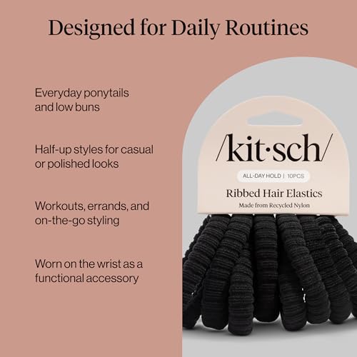 Kitsch Ribbed Hair Ties No Damage - Strong, Stretchy & Snag-Free Hair Bands | Soft Fabric Ponytail Holders, Stylish Elastics for Everyday Hairstyles | Ideal Gifts for Women - Black, 10pcs - color: Black Ribbed (Pack of 10)