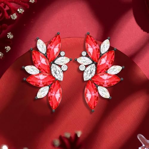 Bohemian Statement Sparkly Colourful Fancy Rhinestone Crystal Flower Dangle Drop Stud Earrings Vintage Wedding Bridal Prom Earrings for Women - color: White Red