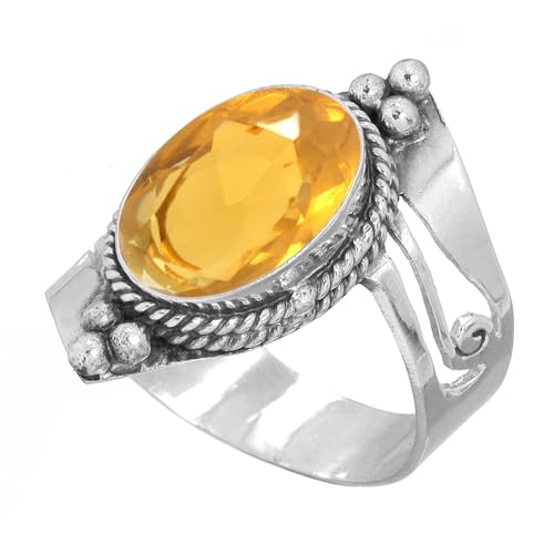 Handmade 925 Sterling Silver Plated Ring Natural Gemstone Carnelian, Rose Quartz, Tiger Eye, Crystal Oval Boho Jewelry For Women - color: Citrine Quartz