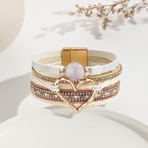Womens Multi Layer Heart Leather Wrap Bracelet Boho Stackable Cuff Bangle Magnetic Clasp Crystal Birthday Valentine Gift - color: White