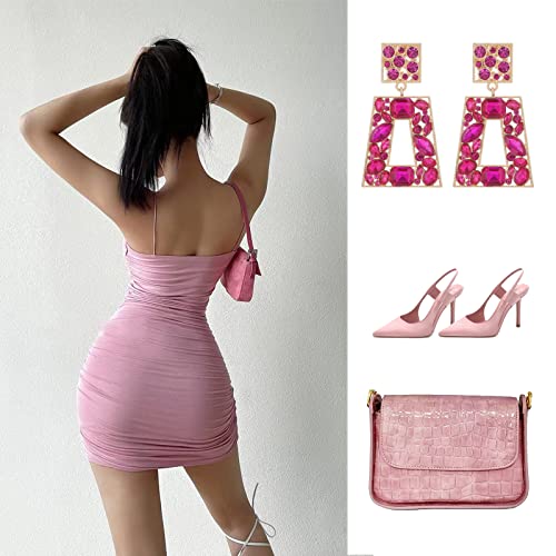 Rhinestone Rectangle Statement Earrings Colorful Crystal Geometric Drop Dangle Earrings for Women Prom Party - color: hot pink