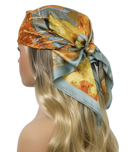 CHUNG Women's Scarf Hair Bandanas Square 27.5" Satin Wrap Fashion Pattern Scarves Emulation Silk Handbag Ribbons Necktie - color: Birch Forest