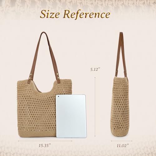 GOKTOW Crochet Beach Bag Women Woven Tote Handbag Casual Boho Bags Large Shoulder Purse For Summer Vacation Travel - color: Brown