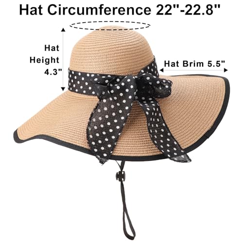 DRESHOW Beach Hats for Women Big Straw Wide Brim Summer Hat Floppy Foldable Roll up Cap Sun Hat UPF 50+ - color: 1 Pc：black Edge Khaki+white Dot Hat, 4.7" Brim