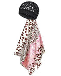 Wrap Cap Hair Net and Scarf for Silk Press, 2 in 1 Satin Satin Scarf with Headband Hair Net - color: Pink Leopard