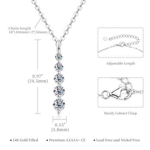 Moissanite Drop Pendant Necklace for Women, 0.92 CT 14K Gold Filled 5-Stone Round Pendant, Trendy Jewelry Gift for Wife Mother Birthday Anniversary Valentines Wedding - color: Silver