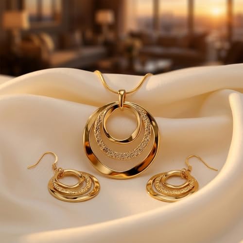 Necklace and Earring Sets for Women, Bohemian Style Jewelry Collection with Gold Silver Bronze Colors, Round Pendant Design for Daily Wear and Special Occasions, Jewelry Sets for Women - color: Gold