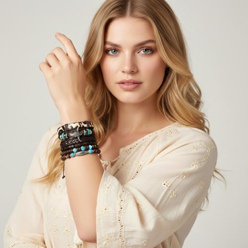 Turquoise Leather Western Bracelets for Women Men Bohemian Retro Turquoise Wrap Bracelets Exquisite Layered Stacked Cowboy Cowgirl Bracelet Western Country Concert Outfits Leather Cuff Bracelet for Women - style: Bull Head,Turquoise