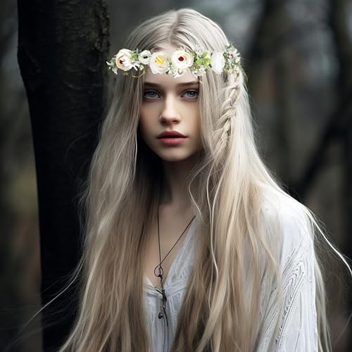 Vivivalue Women Flower Crown Flower Garland Headband Hair Wreath Floral Headpiece Halo Boho with Ribbon Wedding Party White - color: 69