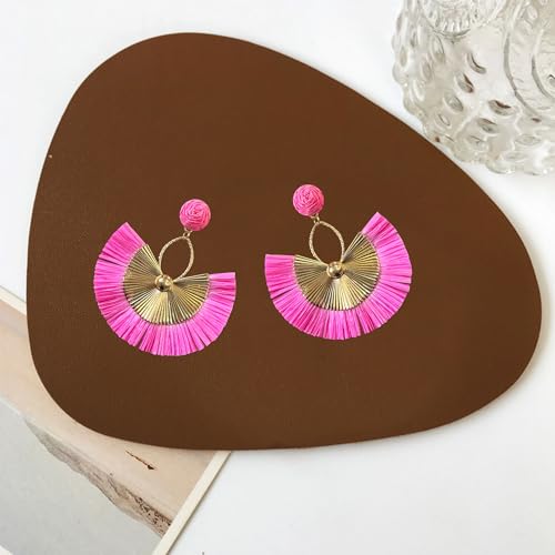 Anmpab Straw Fan Bohemian Tassel Earrings for Women Trendy Colorful Fringe Summer Beach Statement Earrings - color: Hot Pink
