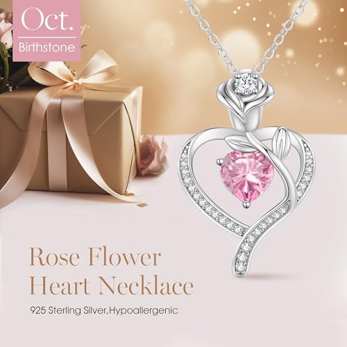 LOUISA SECRET Rose Flower Heart Birthstone Necklaces for Women, 925 Sterling Silver Jewelry, Pendant Heart Necklaces Birthday Anniversary Christmas Gift for Women Wife Mom Girlfriend Lady - color: White Gold-10-Oct