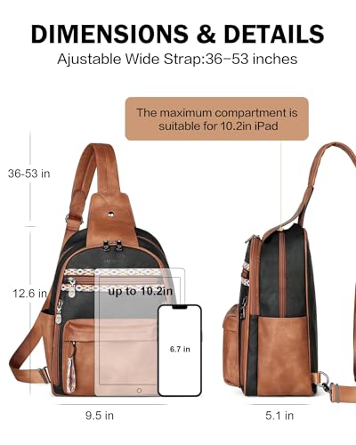 FADEON Large Sling Bag for Women, Leather Crossbody Purse Designer Anti Theft Sling Backpack, RFID Fanny Packs for Travel - color: Retro Black With Brown