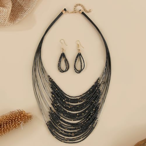 Bohemian Colorful Beaded Earrings Necklace Geometric Teardrop Dangle Earrings Multi-layered Stackable Choker Necklaces Boho Seed Bead Chain Statement Beach Party Accessories - color: Black A