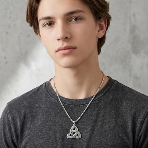 Celtic Necklace for men Sterling Silver Celtic Knot Triquetra Triangle Trinity Necklace Gift for Men - color: F-Silver
