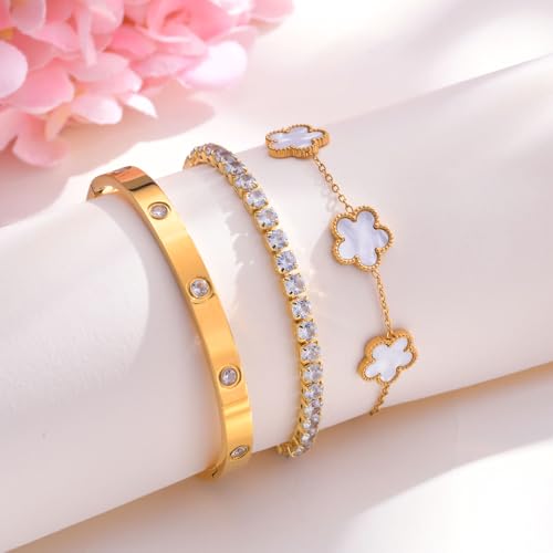 Womens Stackable Floral Gold Bracelets - 3Pcs 18K Gold Plated Bracelet,Stainless Steel Bangle Bracelets Non Tarnish, Gold Bracelet Set Trendy Jewelry,Christmas Valentines Birthday Gifts for Girlfriend - color: White