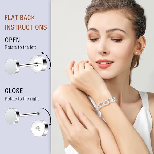 ZDE Women Earrings Flat Back Dot Earrings Titanium Hypoallergenic Cartilage Non-Nickel Earrings Studs for Sensitive Ears Simple Classic 3mm/4mm/5mm/6mm Screw On Stud Earring - color: Silver, size: 6MM
