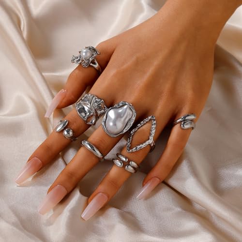 Chunky Gold Stackable Rings Set for Women Pearl Flower Rings Sets Dainty Carved Signet Joint Finger Midi Rings Pack Adjustable Chunky Knuckle Ring Statement Stacking Ring Pack - color: E-Silver-8Pcs