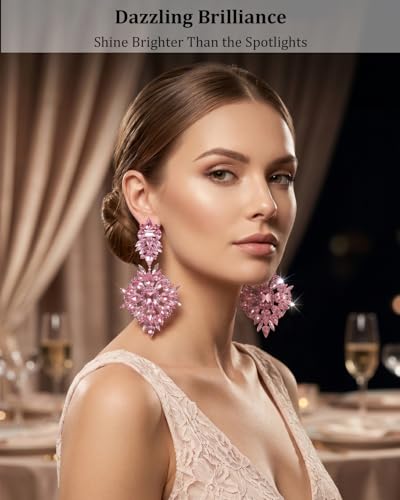 Silver Chandelier Earrings for Women Trendy, Oversized Big Crystal Rhinestone Statement Earrings Dangling Formal Pageant Earings Drag Queen Jewelry - color: Pink