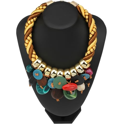 Chunky Statement Wood Pendant Necklace for Women Rope Braided Colorful Resin Stone Tribal Ethnic Bold Boho Fashion Jewelry - color: N1539-colorful