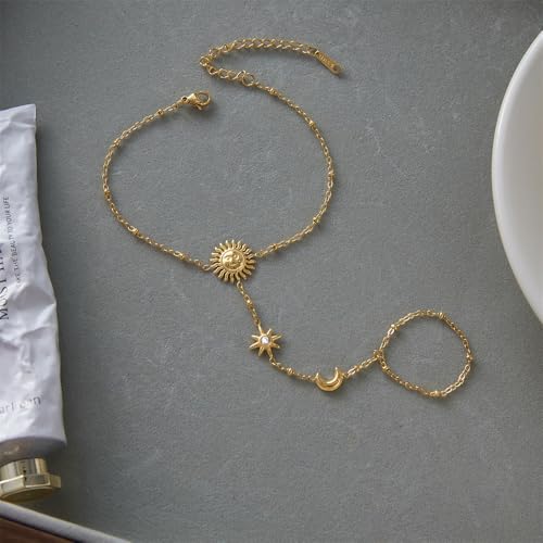 Dainty CZ Moon Sun Star Hand Chain Ring Bracelet for Women Stainless Steel 18k Gold Plated Trendy Adjustable Chain Linked Stackable Finger Ring Bracelet Fashion Jewelry