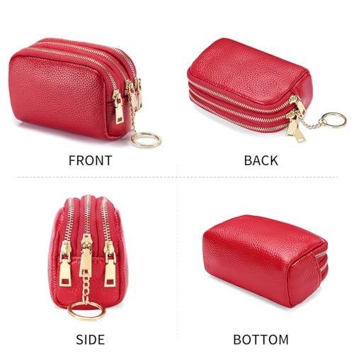SENDEFN Small Coin Purse Leather 3 Zippered Change Pouch Wallet with Key Ring for Women - color: 1-Red