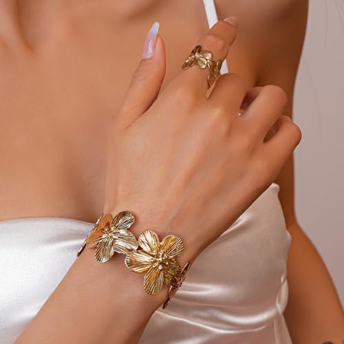 Boho Open Bracelet Ring Set for Women Black and Gold Jewelry Set Oval Cuff Bracelet Adjustable Ring Vintage Jewelry - style: V-Gold