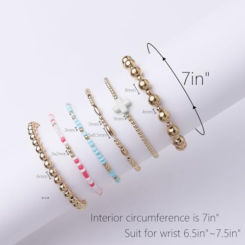 Gold Beaded Bracelets for Women: 14K Gold Bracelets for Women Trendy Dainty Gold Ball Bracelet Stack for Womens - Boho Stretch Bracelets Jewelry Sets with Cross Fashion Accessories Gifts for Women - style: Cream Cross