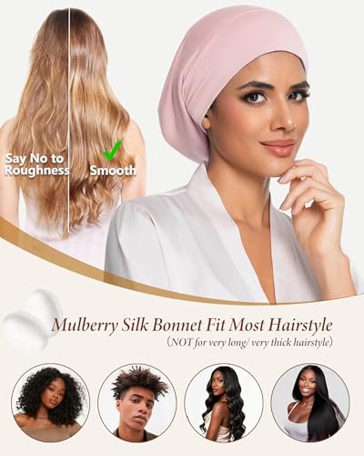 100% Mulberry Silk Bonnet for Sleeping Women Men, Real Silk Lined Bonnets for Curly Hair, Braid Sleep Cap Black Womens - color: Pink