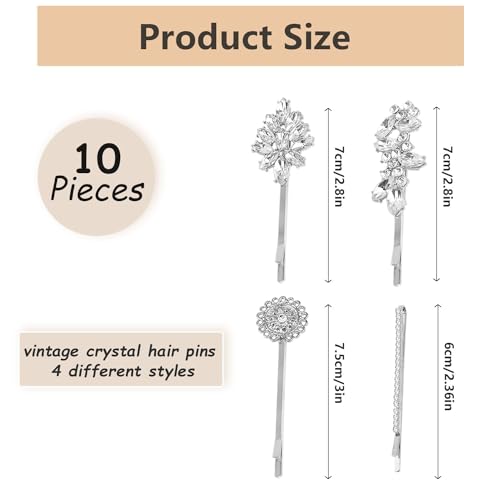 10 Pieces Rhinestone Hair Clips, Crystal Bobby Hair Pins Decorative Rhinestone Hair Barrettes for Wedding, Leaf Feather Sunflower Hair Clips Metal Hair Accessories for Women,4 Styles (silver) - color: silver