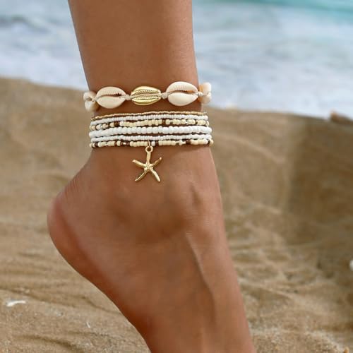 ZMANYIJEW Shell Ankle Bracelet Set for Women, Boho Pearl Adjustable Anklet,Beaded Layered Ankles Bracelets Shell Pendant Elastic Foot Chain Anklets for Women - style: 7pcs