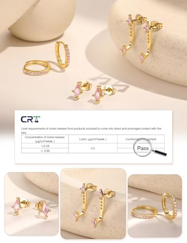 GEORGE · SMITH Stackable Kite Stud Earrings Set for Women, Gold & Silver Huggie Birthstone Jewelry with Emerald Green & Blue Sapphire, Trendy Earrings for Women 2025 - color: Gold,Pink CZ