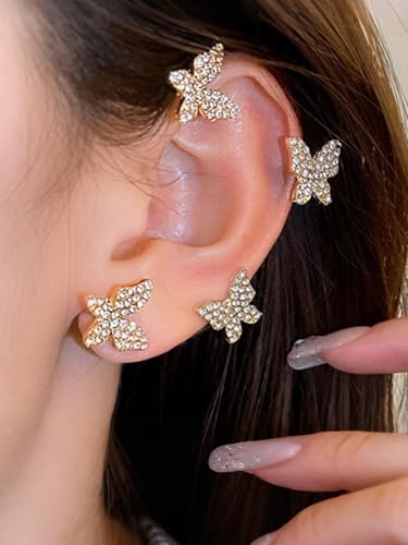 2Pcs Rhinestone Butterfly Earrings Ear Cuffs Non-Pierced Fake Earrings Butterfly Climber Wrap Around Earring Dainty Adjustable Ear Clip Jewelry for Women - color: Style6-gold