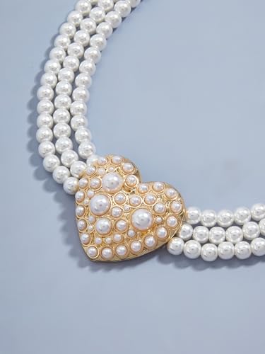 Bethynas Boho Layered Pearl Rhinestones Choker Necklace Vintage Chunky Pearl Crystal Pendant Short Necklace Chain Bridal Prom 1920s Costume Party Jewelry for Women - color: Pearl 7 - heart